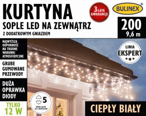 Kurtyna sople 200 LED zewnętrzna z dod. gniazdem 9,6m ciepły biały 