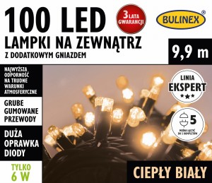 Lampki 100 LED zewnętrzne z dod. gniazdem 9,9m ciepły biały 