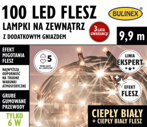 Lampki 100 LED FLESZ zewnętrzne z dod. gniazdem 9,9m ciepły biały/ciepły biały FLESZ  