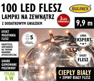 Lampki 100 LED FLESZ zewnętrzne z dod. gniazdem 9,9m ciepły biały/zimny biały FLESZ