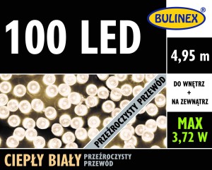 Lampki 100 LED 4,95m ciepły biały, przeźroczysty przewód